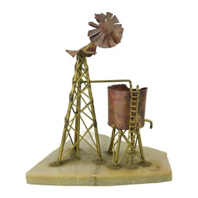 Copper Metal Windmill Sculpture Signed