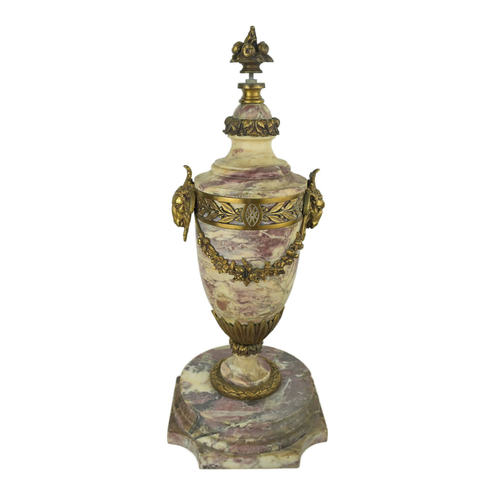 French 19th C. Marble & Bronze Cassolette Urns: French 19th C. Marble & Bronze Cassolette Urns Height 23" Base 10" by 10" Cracking at the base