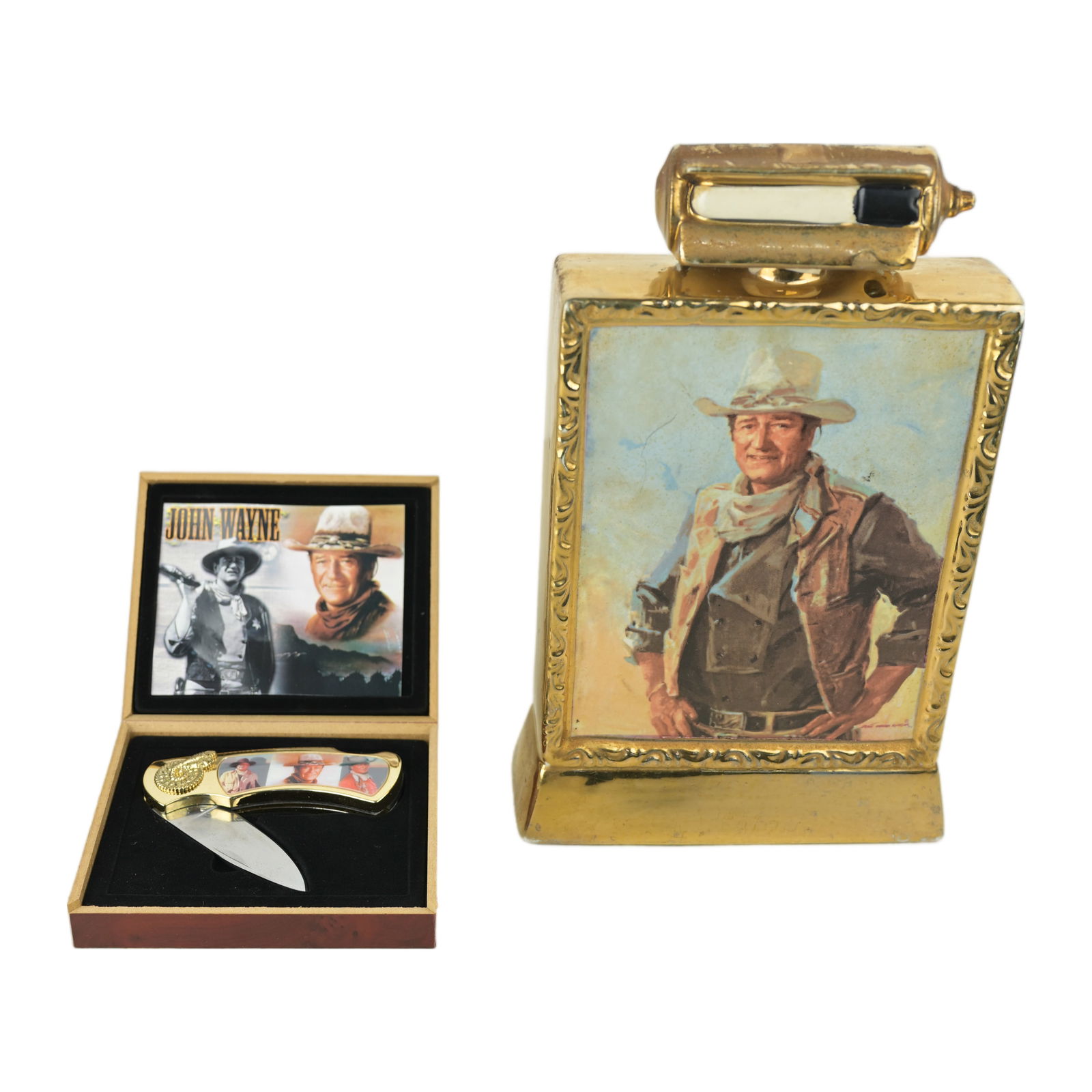 John Wayne Bourbon Bottle and Pocket Knife: John Wayne Bourbon Bottle and Pocket vintage 1979 John Waynecommemorative ceramic whiskey decanter and pocket knife. It was produced by Mike Wayne Distilled Products Co. and features a portrait of the