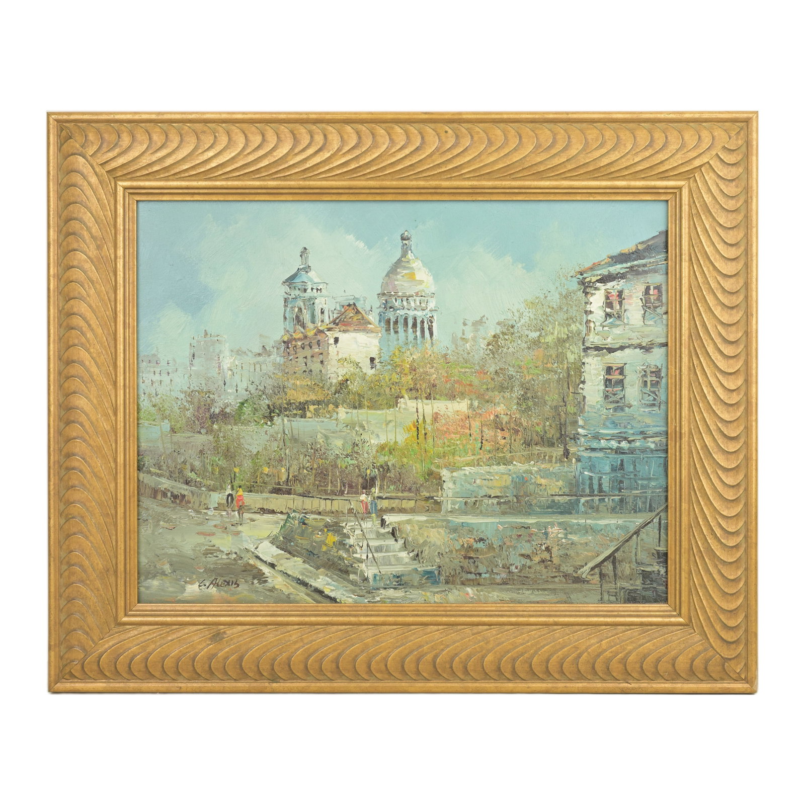 Impressionist European City Scene with Figures Oil on Canvas Signed L. Alexis: Impressionist European City Scene with Figures Oil on Canvas Signed L. AlexisFrame dimensions: 21”W x 17”HCanvas dimensions: 15x13