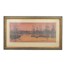Vintage post-impressionist painting on canvas depicting a harbor scene