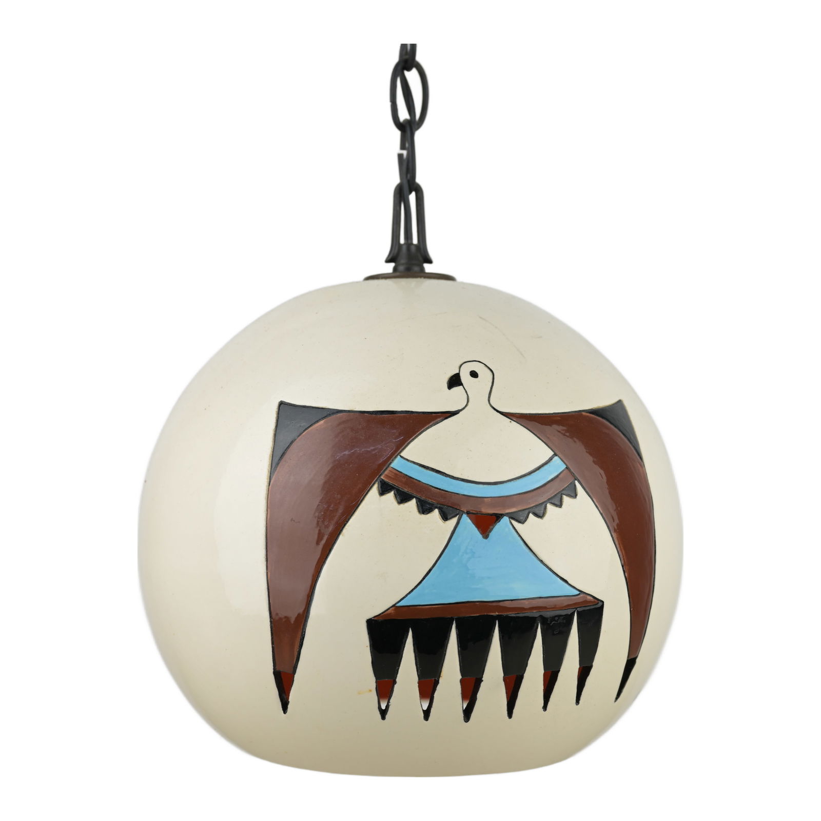 Native American Thunderbird Light Fixture: Native American Thunderbird Light Fixture. Ceramic Hanging Light fixture with A Hand Painted Design. Measures: 9" Diameter 10" Height