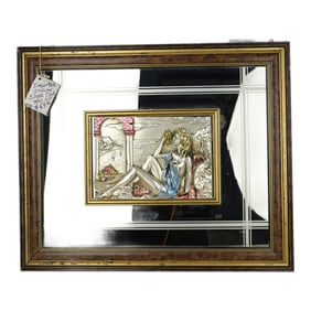 Italian "Young Woman Eating Grapes" 925 Silver Bas-Relief 3-D Art Mirror