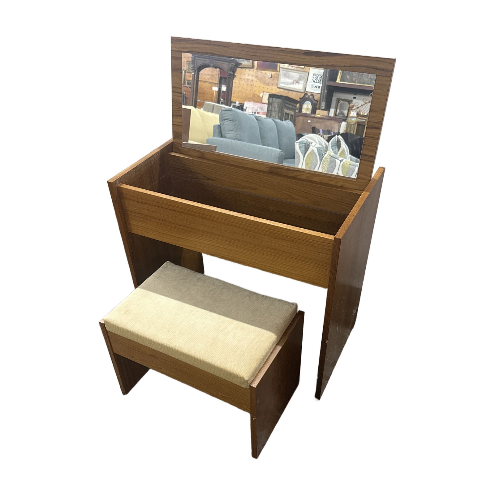 Torring Danish Modern Teak Vanity Dressing Table Mirrored Lift Top with Stool: Mid Century Modern Vanity and Stool Height 28.5 Width 38.5 Depth 18" Height with Mirroe 40" Stool Height 16" Width 23" Deprh 14"