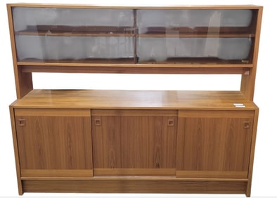 Danish Modern Teak Long Credenza Cabinet with Hutch Top