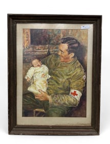 An A.E.F. Officer and his Son" World War 1- Era Framed Watercolor