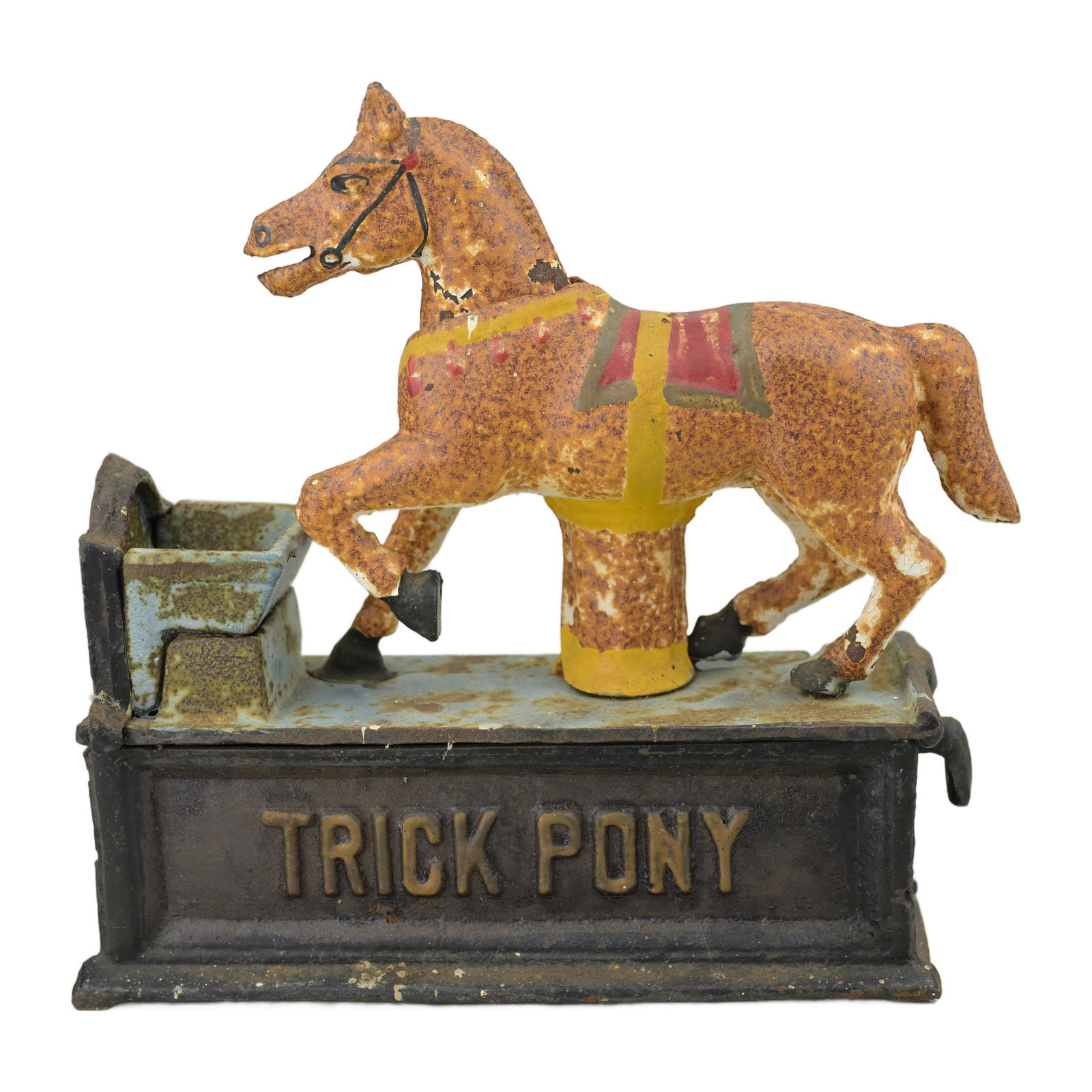 Cast Iron Trick Pony Bank: Cast Iron trick pony "piggy" bank with fully functional mechanics. A heavy iron bank created in the early 1900's