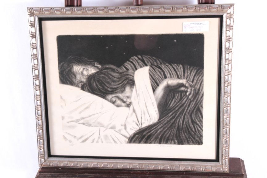 Lithograph by Joseph Hirsch: #11/150 Couple Sleeping. 21" x 18" including frame