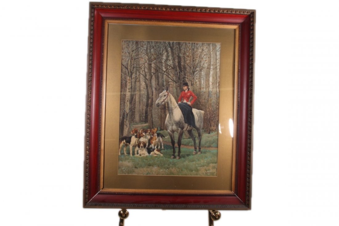 Charles Fernand de Condamy (1855 - 1913) Watercolor.: Watercolor (Hunt Scene) 39.5 " Long x 31.75" Wide. A supurb painting.