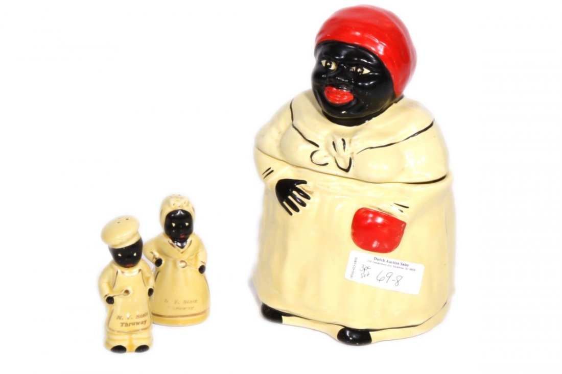 3pc. Black Americana Cookie Jar & Salt and Pepper: salt and peppe 2.75" High x 2" Wide. Cookie Jar is 7' Wide x 10.75" High