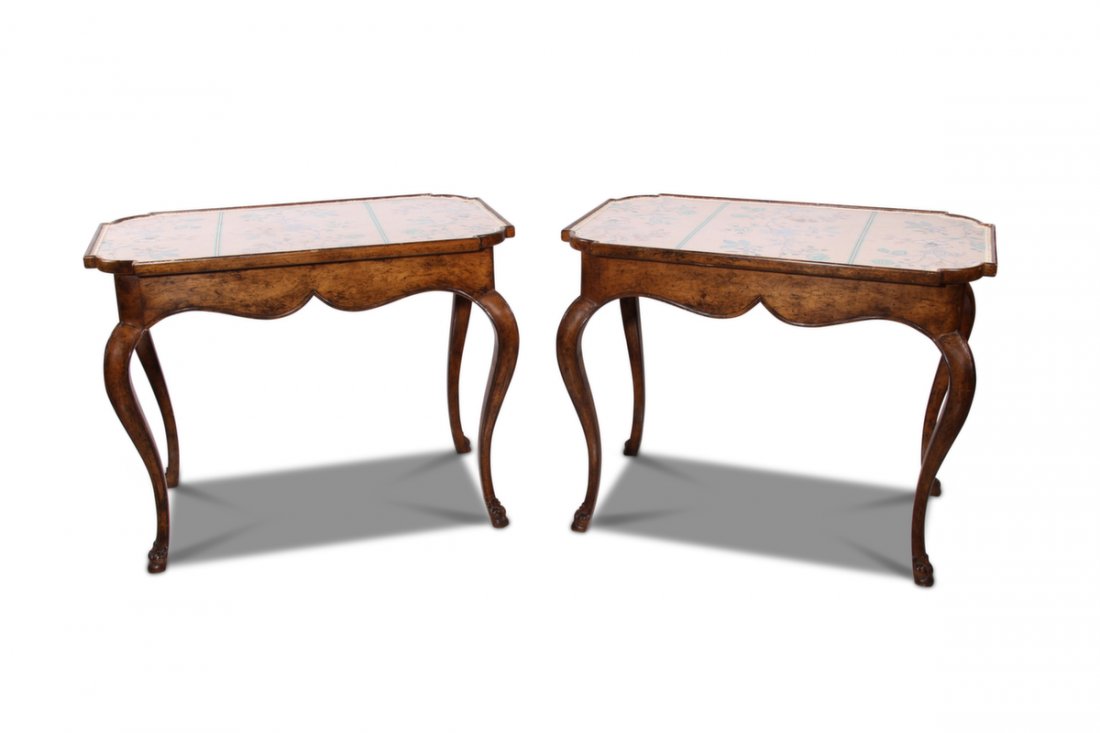 Pair Country French Tea Tables: Upholstered Tops. 35.25" Wide x 22.5 deep x 27.5" high