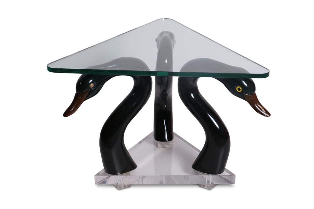 Black Swan Base Table with Glass Top: Black Swans are made of lucite. Top is Glass. 18" high x 26" wide x 22.75" deep