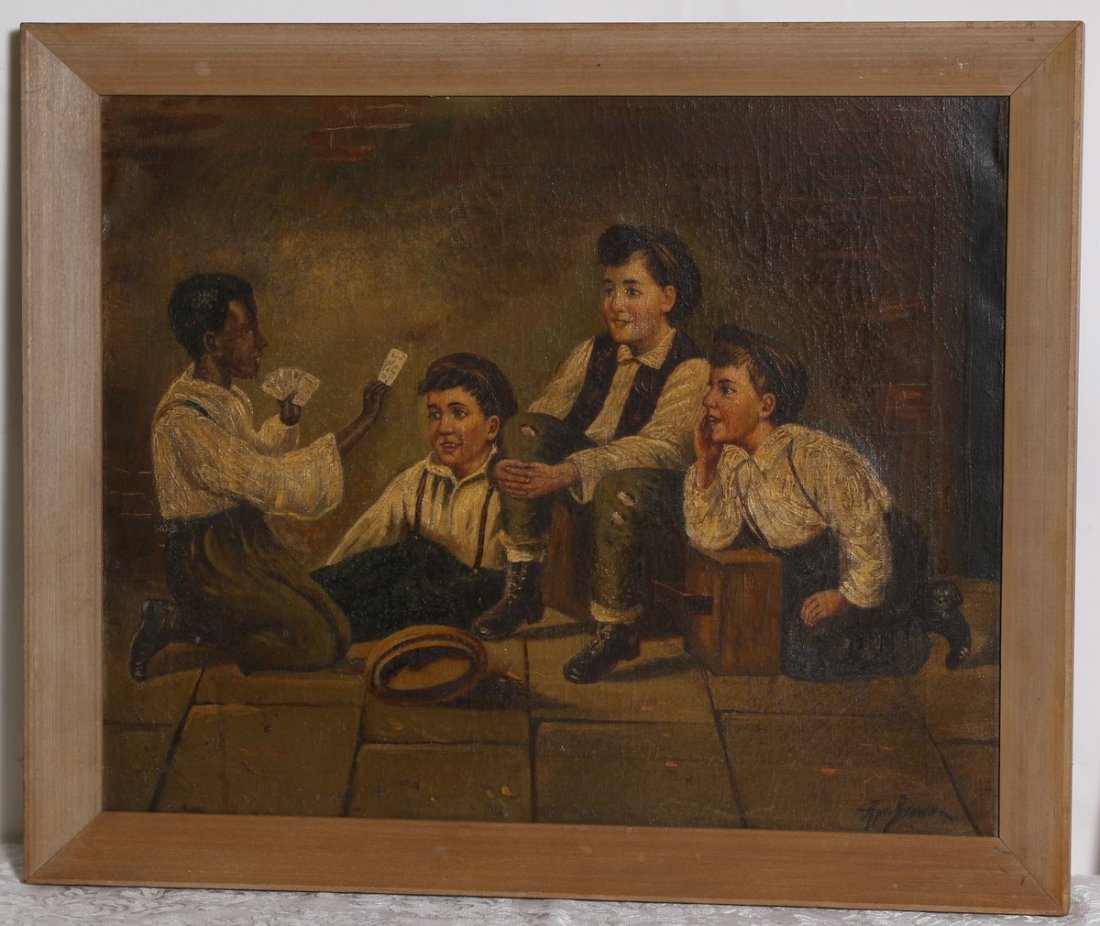 Oil on Canvas Boys Playing Cards by Brown: Wonderful Subject Matter. Little Boys playing cards. Measures 20" x 16". In the manner of John G. Brown. Signed Apr Brown.