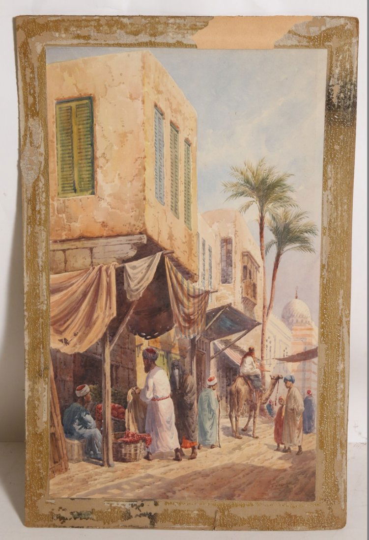 Spectaculat Watercolor of Middle Eastern Market Scene: Very Good use of colors and very well executed. Measures 20" High x 12" wide (painting only). Signed lower Right.