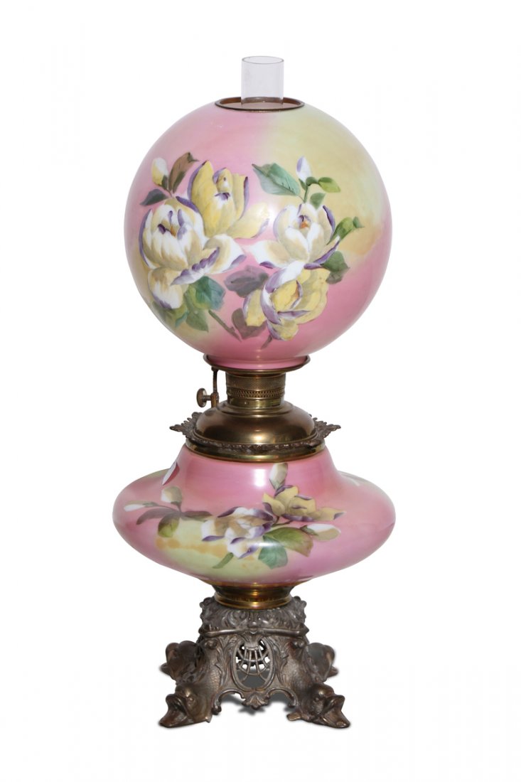 Pink Gone with the Wind Lamp: Depicting Flowers with Dolphin Supports. Measures 26" High x 11" Wide