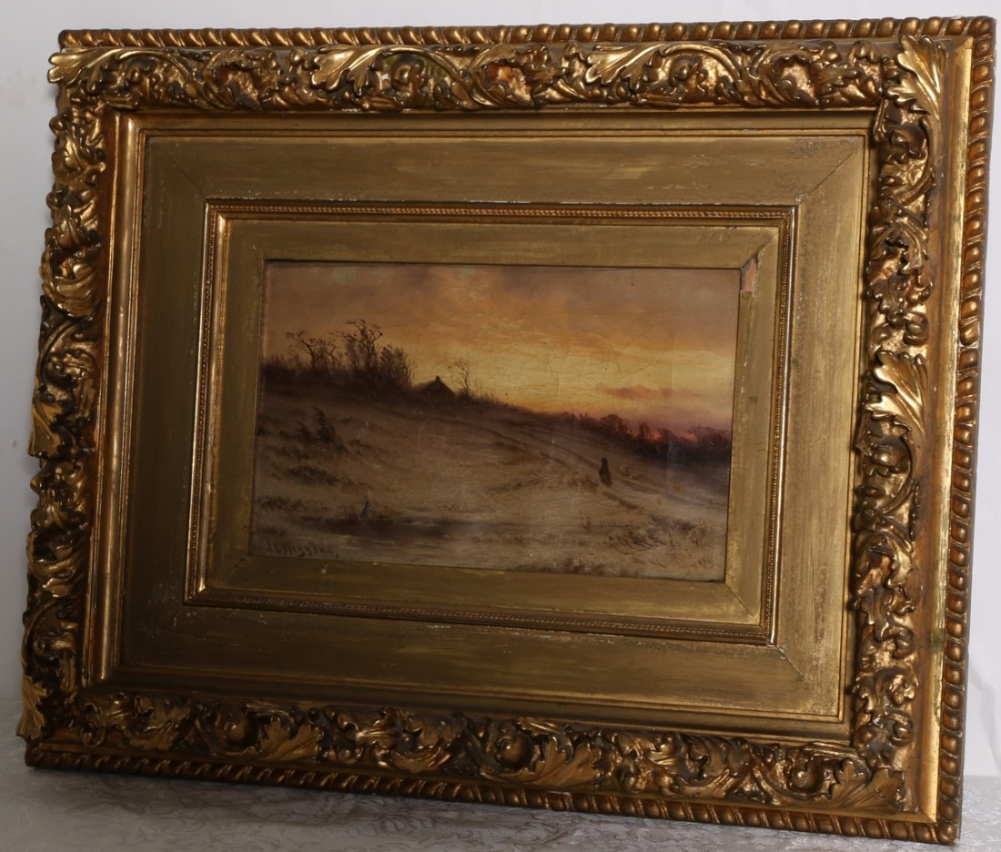 Oil on Canvas by J.C. Wiggins: "Coming Home at Sunset" Exceptional Period Frame 24..5 ' High x 19.75" Wide with frame. Painting only measures 13" high x 8" wide. Minor hole. Needs a small patch and inpainting.