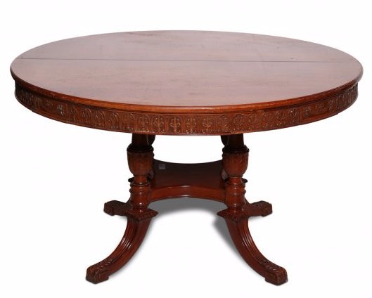 Spectacular Dining Room Table with 7 leaves: 30" High x 52" Round. Table includes 7 extension boards, each measuring 13" each.