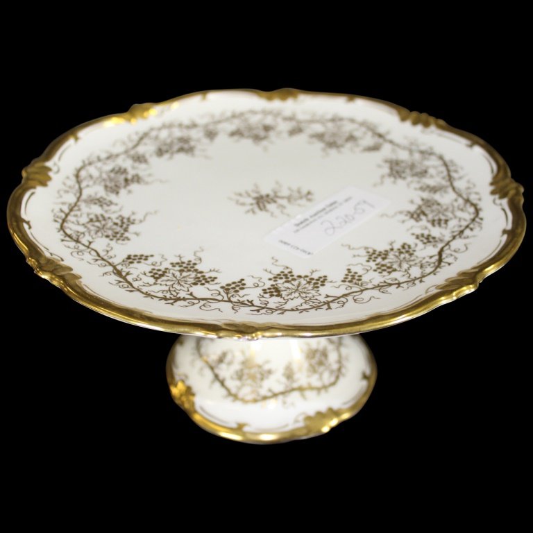 Coalport "King's Plate" Bone China Cake Stand: Very nice Coalport pedestal cake stand. White with gold grape and vine design. Measures 4.5" h x 9.5" diameter.