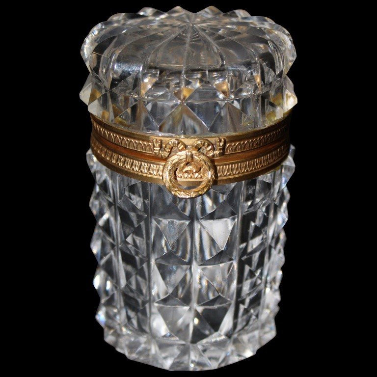 French Cut Crystal Trinket Box: Lovely French cut crystal ladies dresser box mounted in decorated gilt bronze and polished base. Measures 4.5"h x 2.75"diam. In excellent condition.
