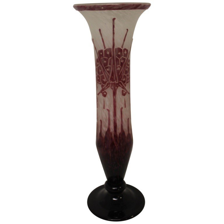 French Le Charder French Art Glass Vase signed: Signed on Base. This beautiful piece of glass is pink, white and cranberry color glass is frosted in the middle. Circa 1918-1933. Measures 12.50" x 3.75" at base. Very Good Condition. Very, very, mino