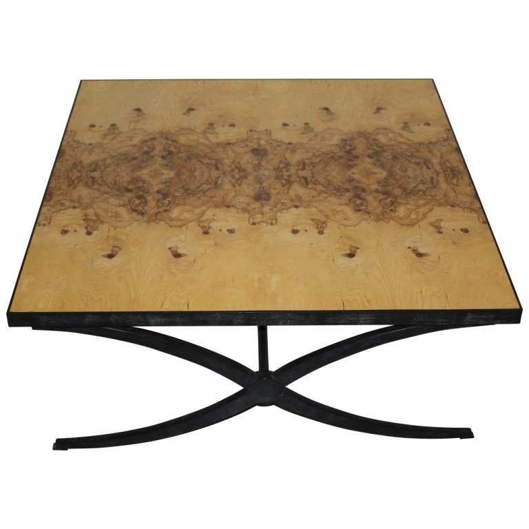 Theodore Alexander Keno Bros The Xs Cocktail Table: Gorgeous MCM cocktail table with olive ash burl veneer and hand cast brass hardware. Measures 19"h x 45"w x 44.75"d.