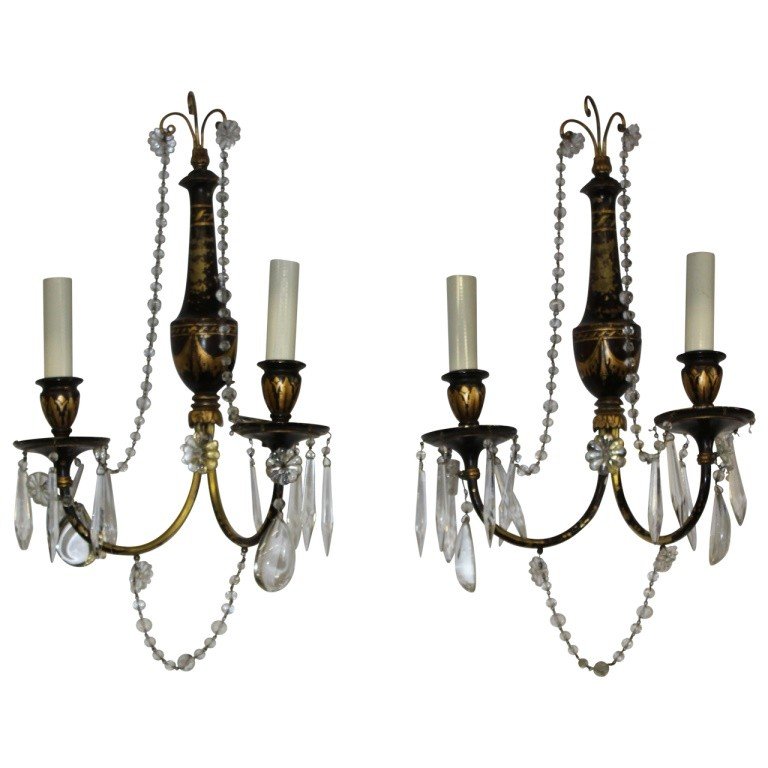 Pr of Antique French Bronze and Decorated Sconces: Lovely pair of cold painted French bronze and cold painted sconces, decorated in the Adams period. Original candle sconces now electrified. Measures 15"h x 10.5"w x 6"d. In good condition with minimal