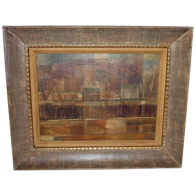 MCM O/C "February Rain" by William C. Palmer: A wonderful example of William C. Palmer's modernist landscape / abstract style. Very popular artist who lived in NY, USA and Ontario, Canada. Nice O/C with damar varnish, circa 1951. Measures 11 5/8"