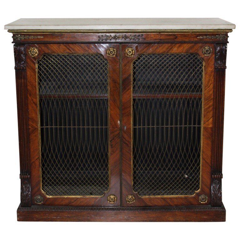 19 C. Bronze and Rosewood Regency Credenza: Rosewood and bronze Regency credenza with marble top. Measures 35"h x 38"l x 16"d. Made in England. In very good condition with minimal wear consistent with age and use.