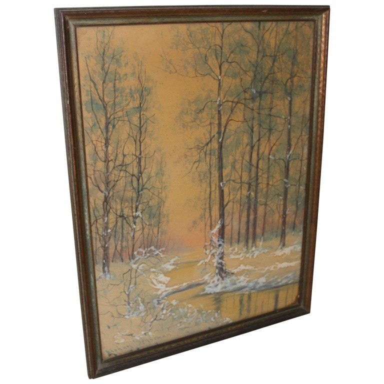 "Autumn Sunset" Watercolor by Raphael Senseman: Lovely watercolor by New Jersey artist, Raphael Senseman. Measures 19.5"h x 14.5"w, watercolor only. In excellent condition.