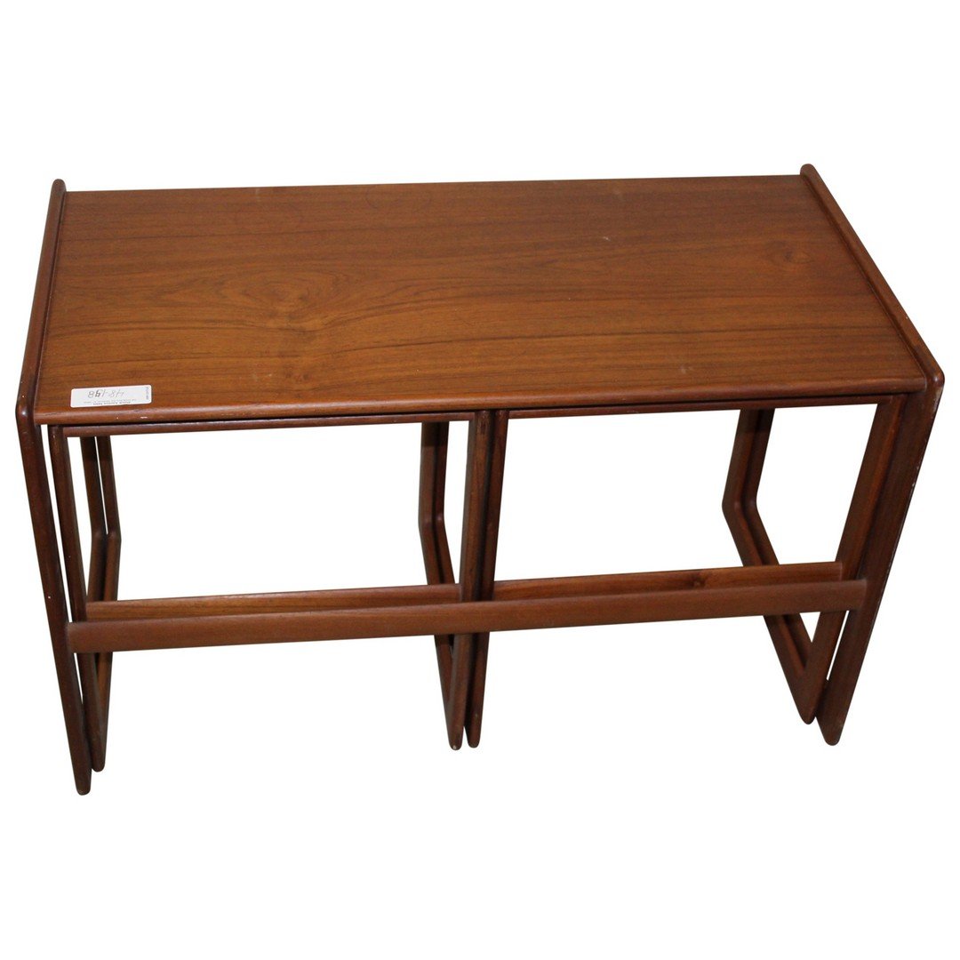 Danish Modern Nest of Tables: Danish Modern Nest - 3 PIECES Makers Mark. Modern nest 1 coffee table + 2 end tables. Made from Walnut. Coffee table measures 31.5" Long, 15" Wide, and 20" High. End tables measure 15" Wide and 18.5"