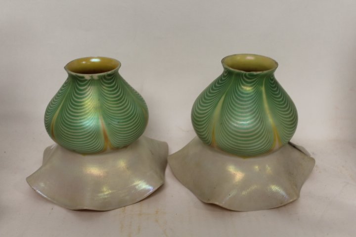Tiffany Style Shades: Tiffany Style Shades Off white with gold swirl in color. Measures 5.5" High, 6.5" Long/Wide, and 5.5" Deep. Very good condition with minor flakes at the base.