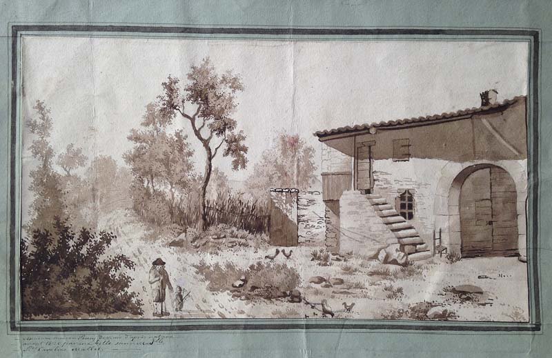 MALLET Caroline (Ecole suisse, debut XIXe). Paysage: MALLET Caroline (Ecole suisse, debut XIXe). Paysage anime Lavis de sepia sur papier, contrecolle sur papier bleu en marquise Identifie et situe: Â Ancienne maison Perroy dessinee d'apres nature avan