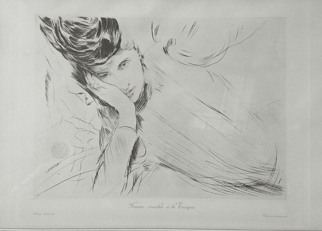 HELLEU Paul César (1859-1927). « Femme couchée...: HELLEU Paul César (1859-1927) « Femme couchée à la turque » Pointe sèche sur papier Intitulée dans la plaque, timbre sec 22,5 x 33 cm.