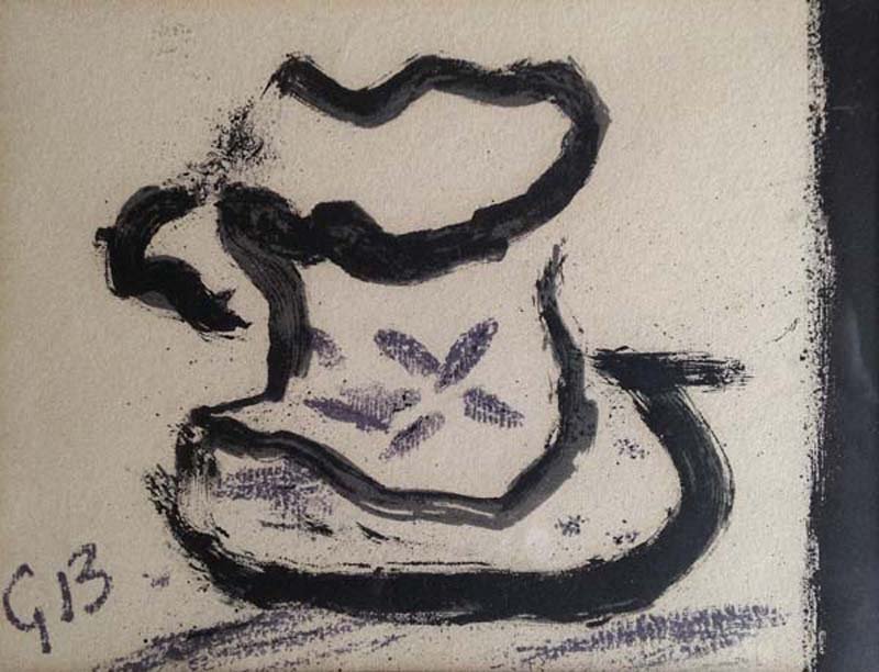 BRAQUE Georges (1882-1963). La petite tasse: BRAQUE Georges (1882-1963) La petite tasse Lithographie sur papier en trois couleurs, monogrammee dans la pierre. Carton d'invitation pour l'exposition de l'artiste a la Galerie Adrien Maeght, Paris. 