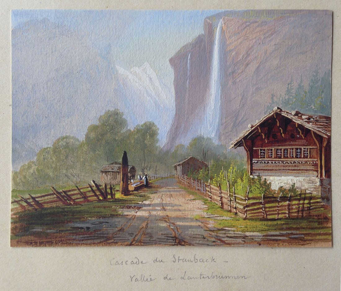 CALAME Alexandre (1810-1864), attr.. Cascade de: CALAME Alexandre (1810-1864), attr. Cascade de Standbach â€“ Vallee de Lauterbrunnen Gouache sur papier fort, de fine execution intitulee au crayon 7 x 9,5 cm.