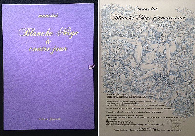 MANCINI (XXe). Blanche Neige a contre-jour: MANCINI (XXe) Blanche Neige a contre-jour Portfolio de 12 lithographies erotiques, sous coffrage, editions Garrandes s/n au crayon 52/150 et dedicace 47 x 33,5 cm.
