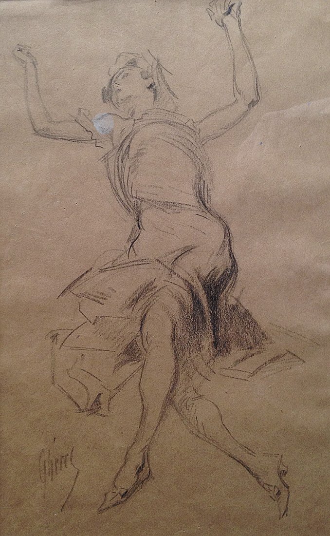 CHeRET Jules (1836-1932). Femme aux bras leves: CHeRET Jules (1836-1932) Femme aux bras leves Fusain sur papier sbg 38 x 23 cm.