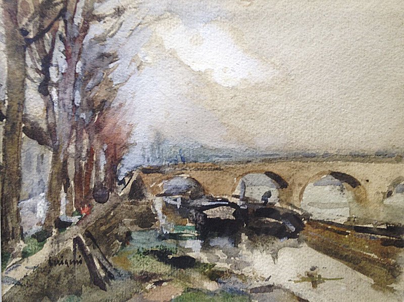 LUIGINI Ferdinand Jean (1870-1943). Peniches amarrees: LUIGINI Ferdinand Jean (1870-1943) Peniches amarrees pres d'un pont Aquarelle sur papier sbg 13,5 x 17,5 cm.