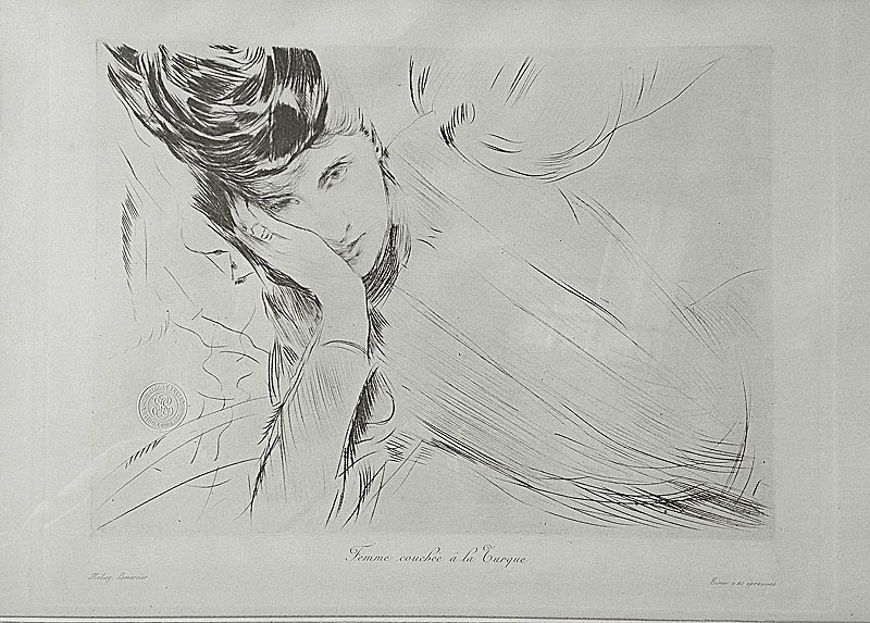 HELLEU Paul Cesar (1859-1927). Â Femme couchee a la: HELLEU Paul Cesar (1859-1927) Â Femme couchee a la turqueÂ Pointe seche sur papier Intitulee dans la plaque, timbre sec 22,5 x 33 cm.