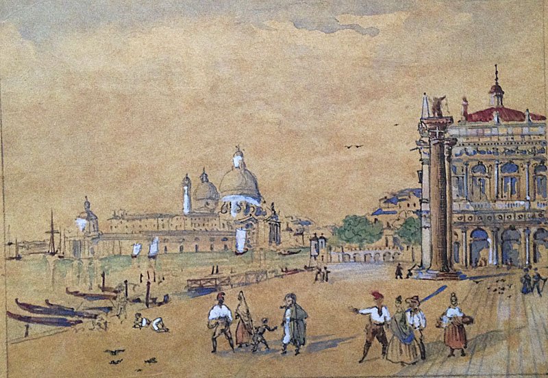 Ecole italienne, XIXe. Venise – La Salute, vue depuis: Ecole italienne, XIXe Venise – La Salute, vue depuis la Piazzetta Crayon et gouache sur papier 18 x 24 cm.