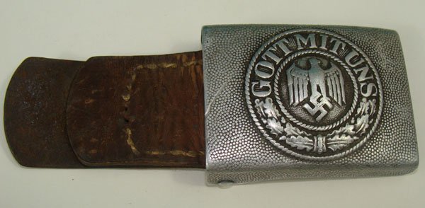 German Army Belt Buckle w Leather Tab: Army Steel buckle with Brown 1937 Leather Tab. Marked on both leather tab and buckle. "D r F & Co".