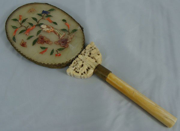 19th Century Chinese Ivory Mirror: Chinese Ivory Mirror.(International shipping IS NOT available on this item. This elephant ivory was imported legally into the United States.) Inlaying with corals. Late 19th Century. Length is 11". Di