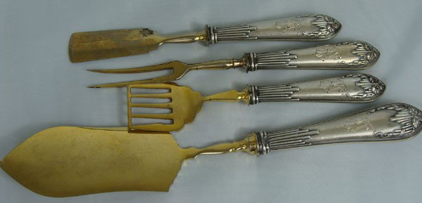 Antique Russian Silverware Set of 4: Antique Russian Silverware. Set of 4. Sterling. Maker Marked and stamped 84. Lengths: 7 1/2", 6 3/4", 7 5/8", 10 5/16". Total weight 249 grams.