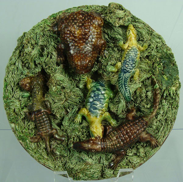 Portuguese Palissy dish Plate by M Mafra Caldas: Antique Portuguese Palissy dish by M. Mafra Caldas with alligators, lizards, and frogs on a mossy ground. Impressed mark to underside of base. Some repair & loses. Diameter 8.5".