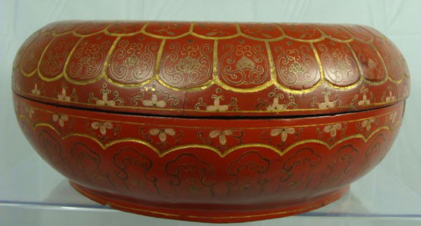 19th Century Chinese Lacquer Cinnabar Box: 19th Century Chinese Lacquer Cinnabar Box. Few old time cracks, one chipped area on inside. Dimensions: diameter - 15", height - 6".