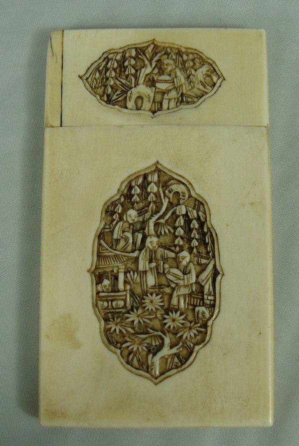Antique Chinese Carved Ivory Card Case: Antique Chinese Carved Ivory Card Case. 3 3/4\ x 2\". (International shipping IS NOT available on this item. This elephant ivory was imported legally into the United States.)"
