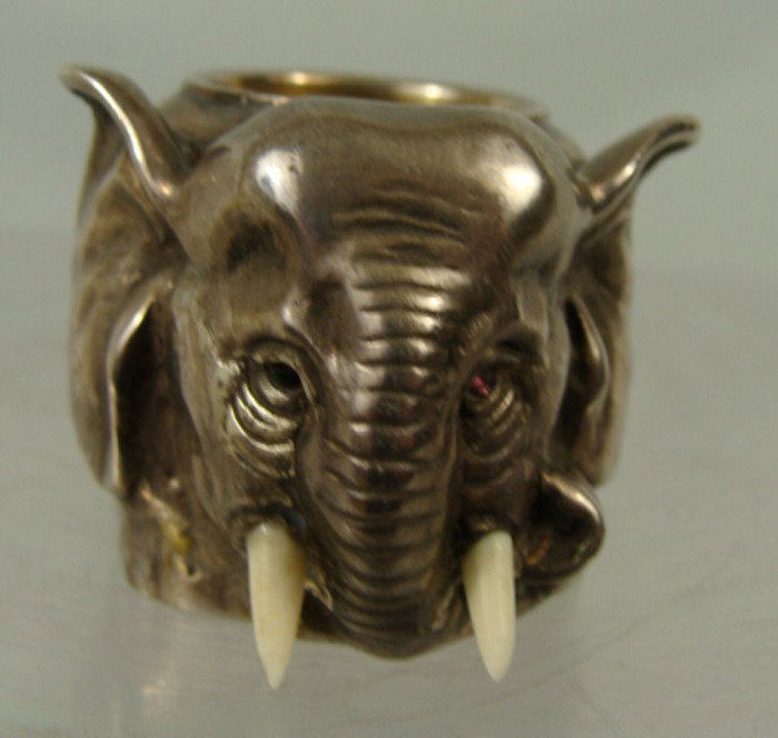 Imperial Russian Silver Ivory Elephant Salt Cellar: Russian Silver and Ivory Elephant Salt Cellar. Maker marked \IP\" and stamped \"88\". Weight 64 grams. Dallas Private Estate. Size 2 x 1.5\"."