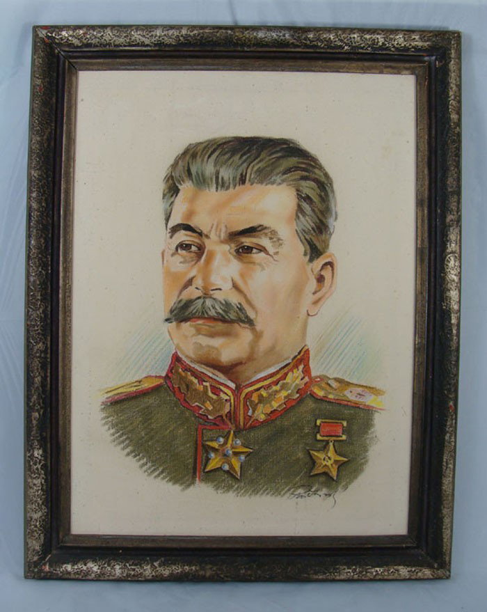 Russian Painting of Soviet Leader Stalin, Oil on C: Russian Painting of Soviet Leader Stalin, Oil on Canvas. Circa 1940s-1950s. Signed by the artist. Dimension with frame 31\ x 21\"."