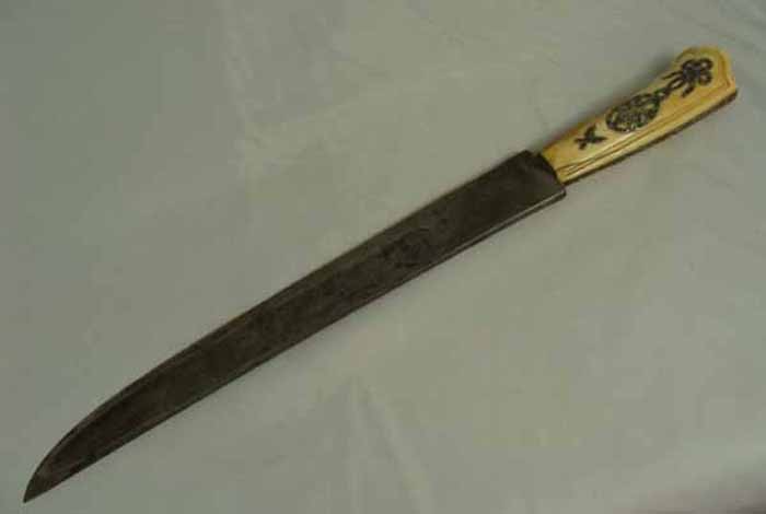 Antique European Made Knife Nice Handle: Good old European Knife. Put together long ago. Blade is 13 1/2\ long. Very nice handle with silver design. Total length is 19\". No guard."