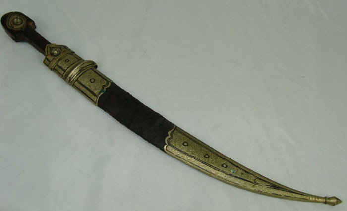 Antique Caucasian Dagger: Antique Caucasian Silver Mounted Kindjal. Curved blade.
